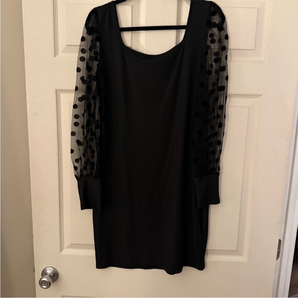 Black Ribbed Bodycon dress with Sheer Polka Dot Sleeves - Picture 4 of 8